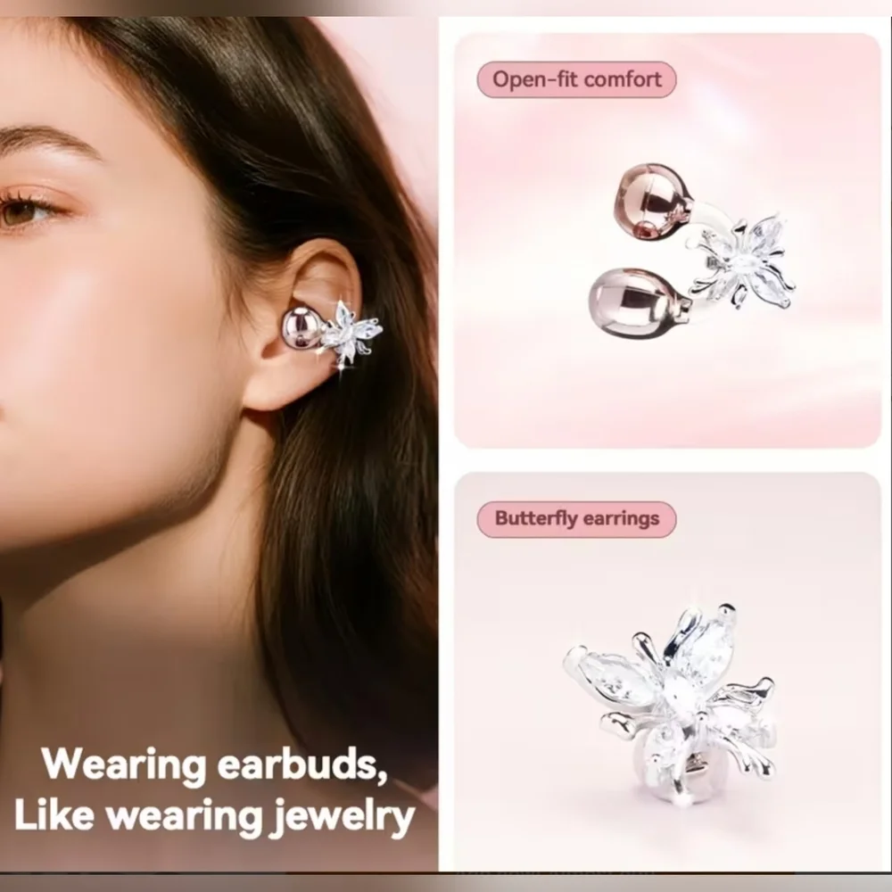 LIFEBEE Clip-On Earbuds, Wireless Open Earphones w- Detachable Beautiful Earring